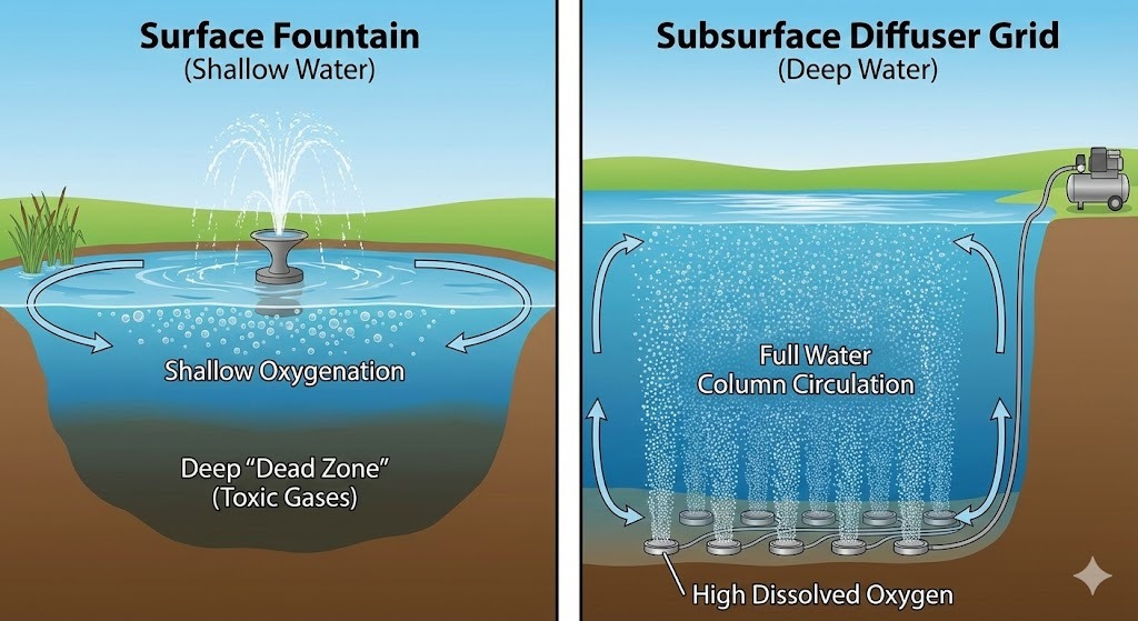 লেক এবং পুকুরের বায়ুচলাচল: সিস্টেম এবং ডিফিউজার নির্বাচন করার জন্য একটি পেশাদার গাইড
